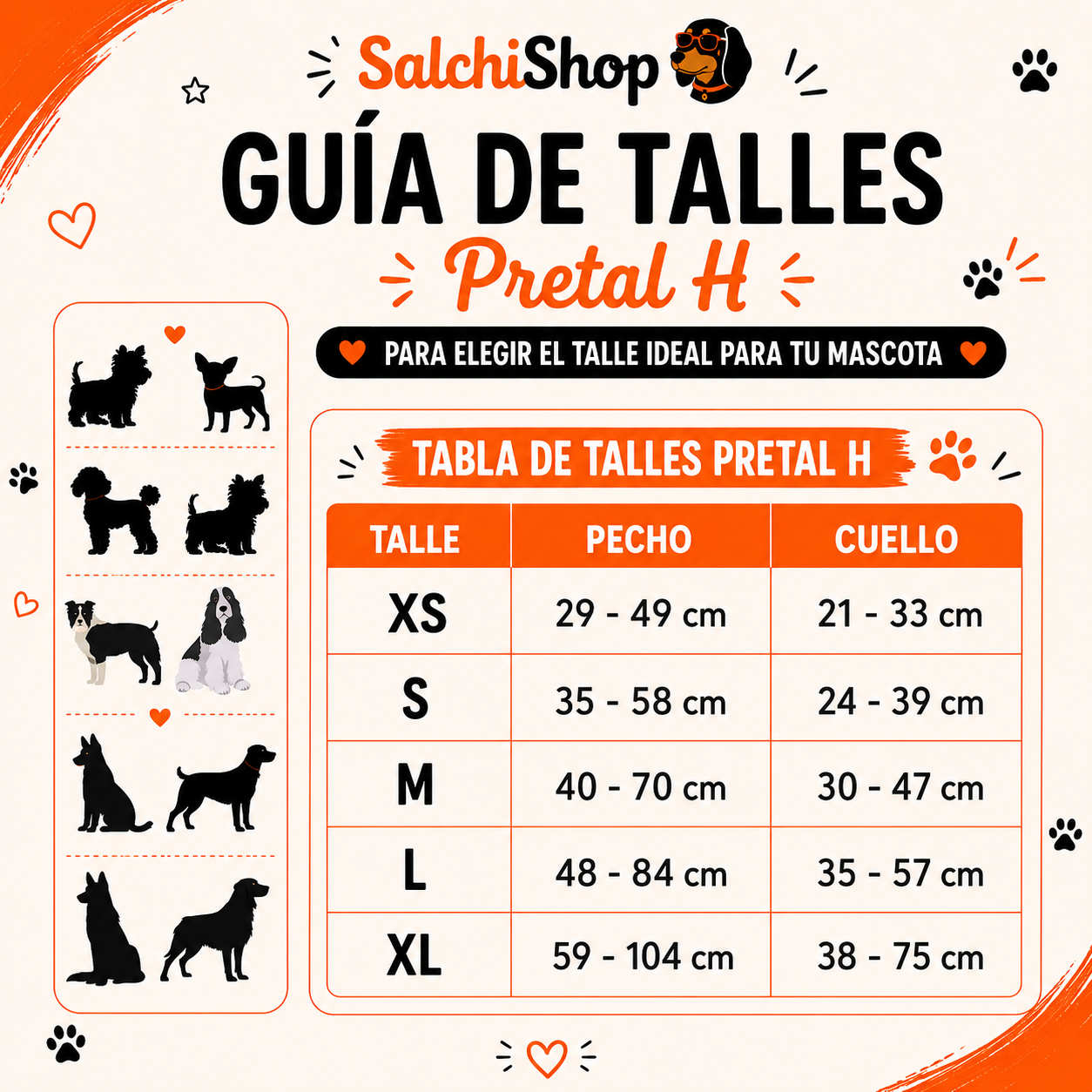 guia talles pretal h para perro